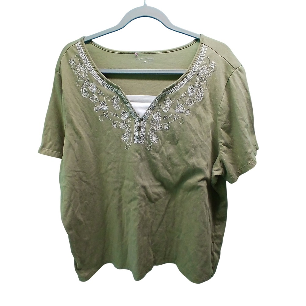 Embroidered Knit Top 2X Olive Green Boho Cottagecore Plus Size Layered Look